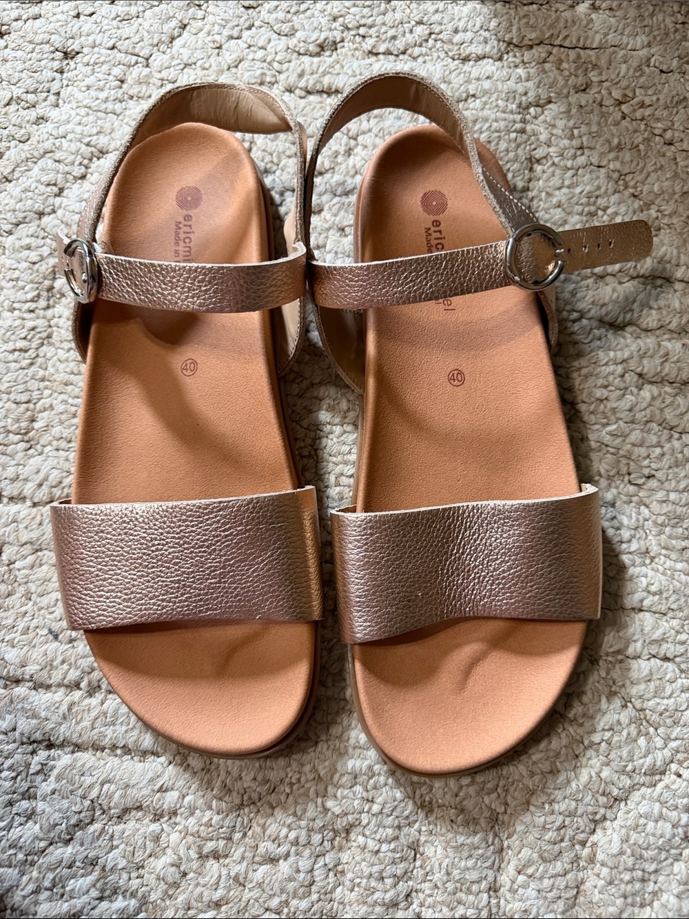 Eric Michael Metallic Rose Gold Two-Strap Leather Sandals